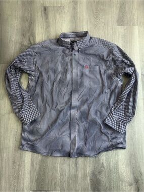 Ariat Blue and White Check Button-Down Shirt with Red Logo